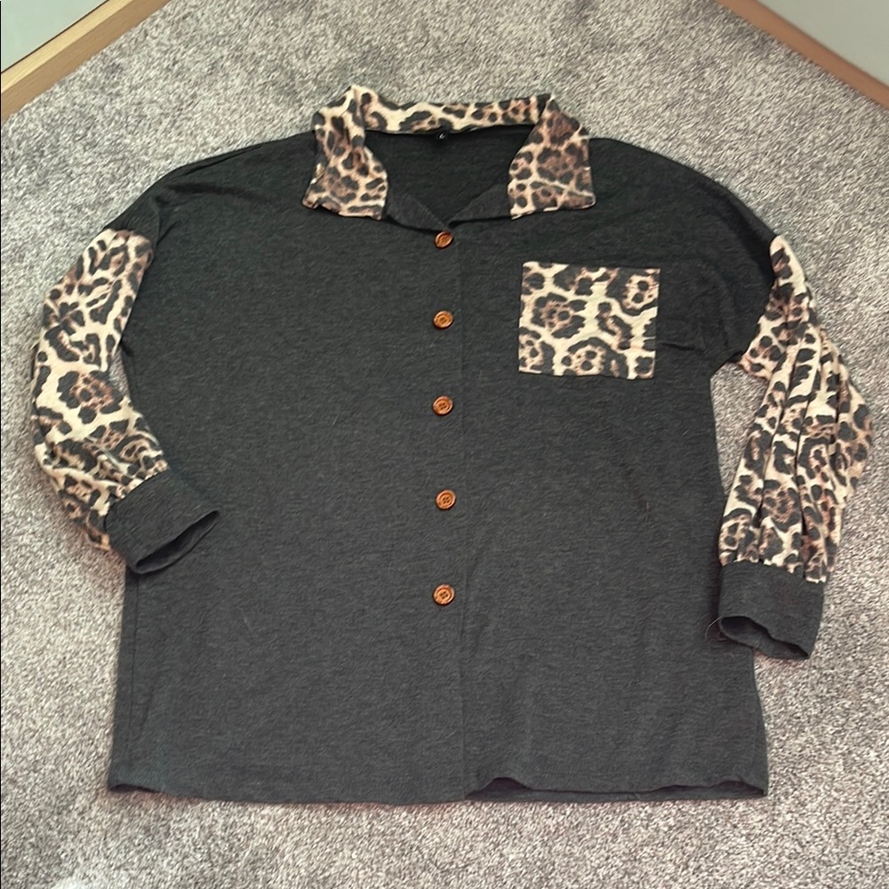 Charcoal Womens Shirt with Leopard Print Accents